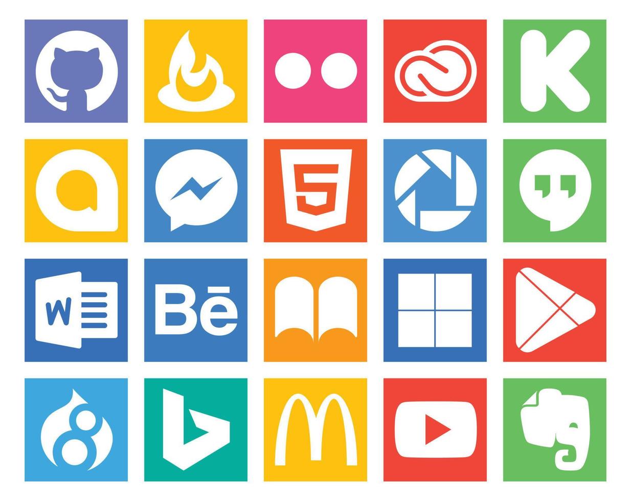 pack de 20 icônes de médias sociaux comprenant des applications délicieuses messenger ibooks word vecteur