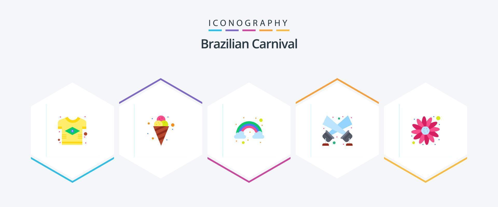 carnaval brésilien 25 pack d'icônes plates comprenant une fleur. lumière disco. froid. projecteur. lampe de poche vecteur