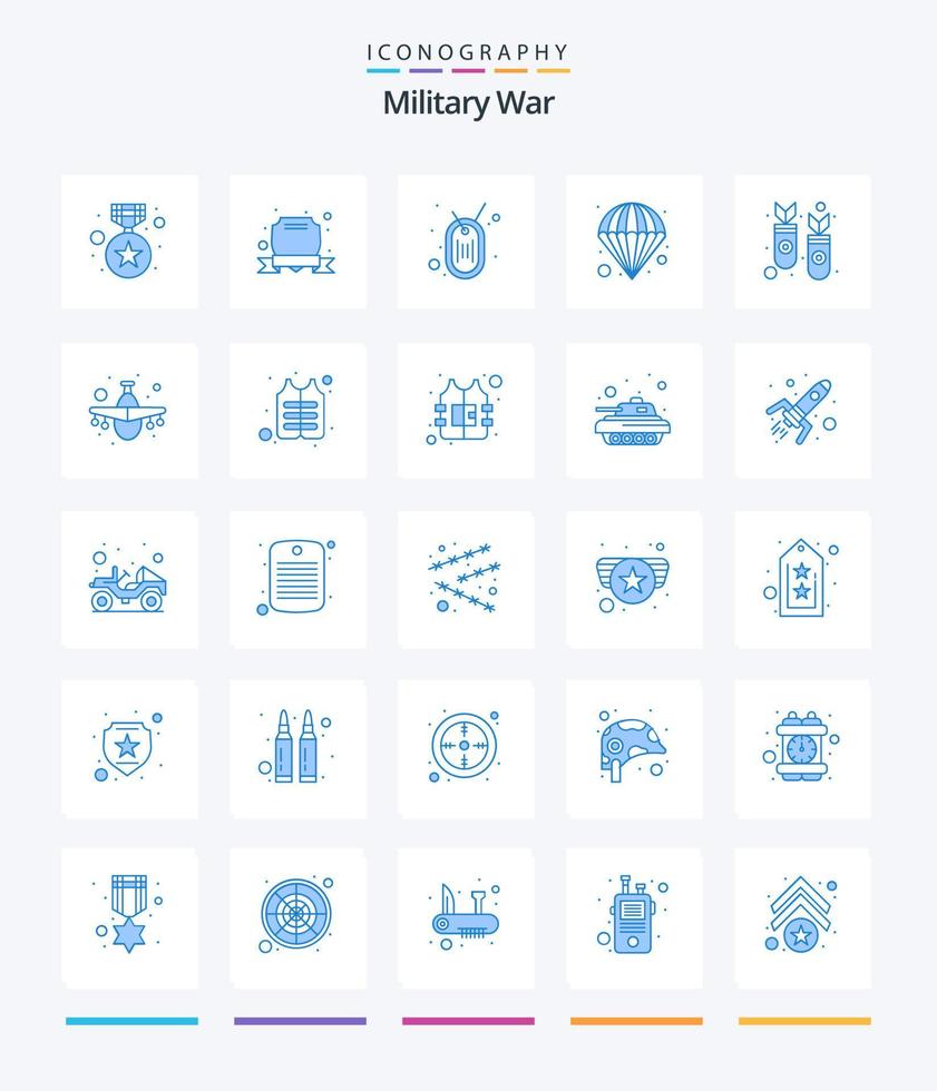 pack d'icônes bleues de la guerre militaire créative 25 telles que le nucléaire. . armée. parachute. atomique vecteur