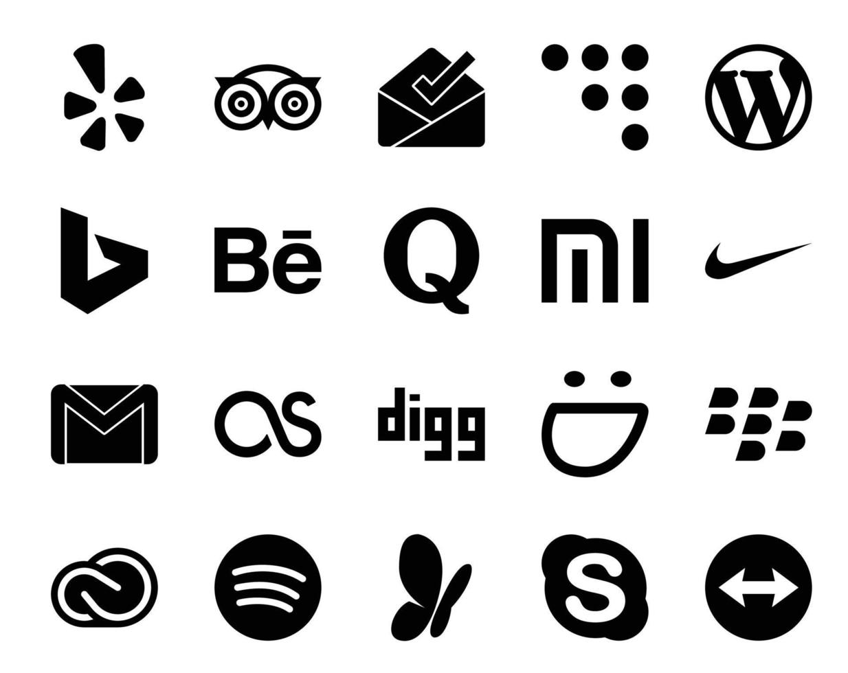 pack de 20 icônes de médias sociaux, y compris digg mail behance email nike vecteur