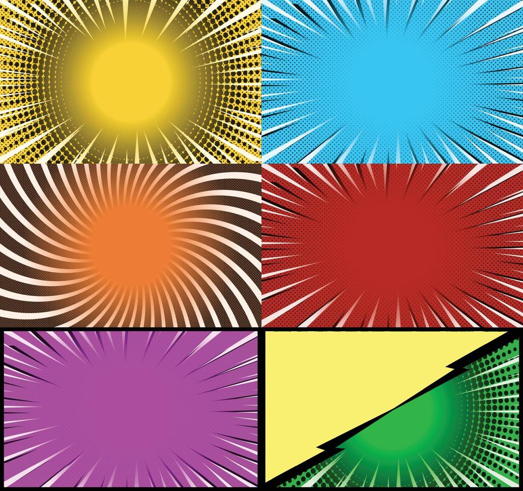 fond de cadres colorés de bande dessinée avec des rayons de demi-teintes effets radiaux et pointillés style pop art vecteur