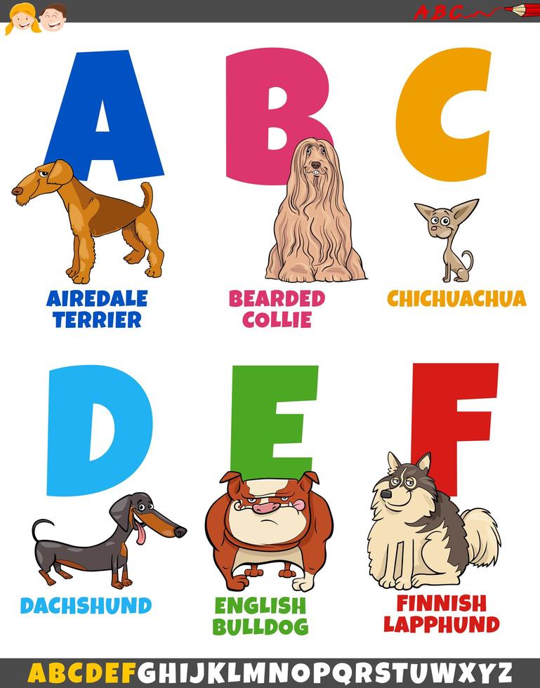 collection d'alphabet de dessin animé avec des races de chiens vecteur