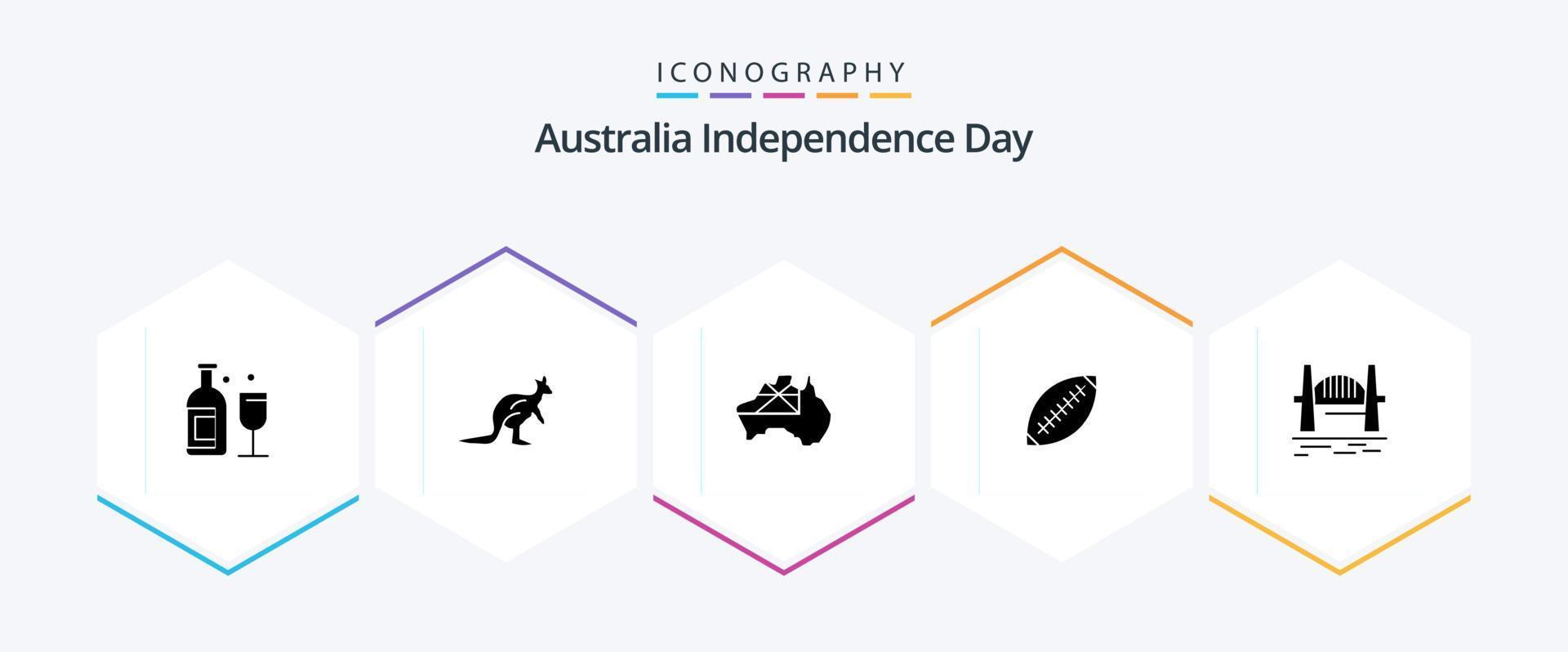 pack d'icônes de 25 glyphes du jour de l'indépendance de l'australie, y compris le rugby. Australie. kangourou. afl. pays vecteur