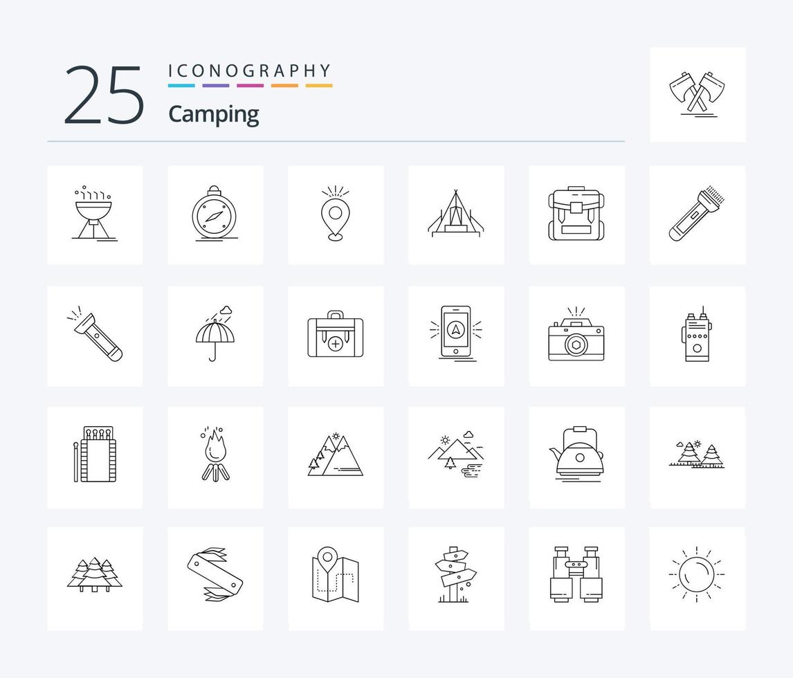 pack d'icônes camping 25 lignes comprenant le camping. camping. emplacement. tente. vacances vecteur