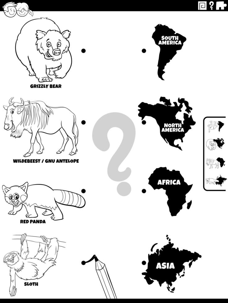 Joignez-vous à la page de livre de coloriage du jeu animaux et continents vecteur