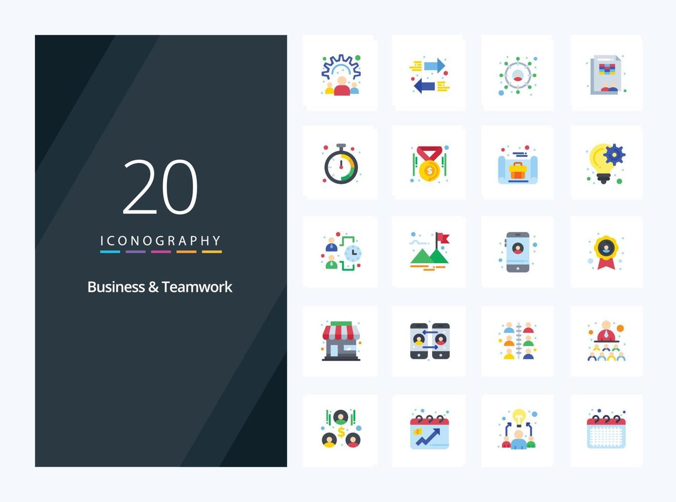 20 icône de couleur plate d'affaires et de travail d'équipe pour la présentation vecteur