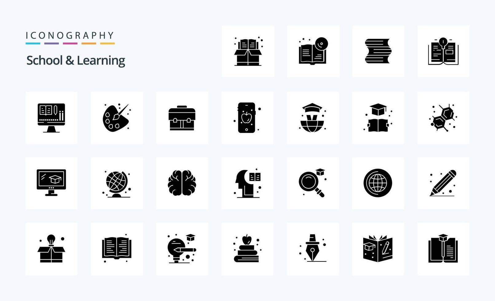 25 pack d'icônes de glyphes solides pour l'école et l'apprentissage vecteur