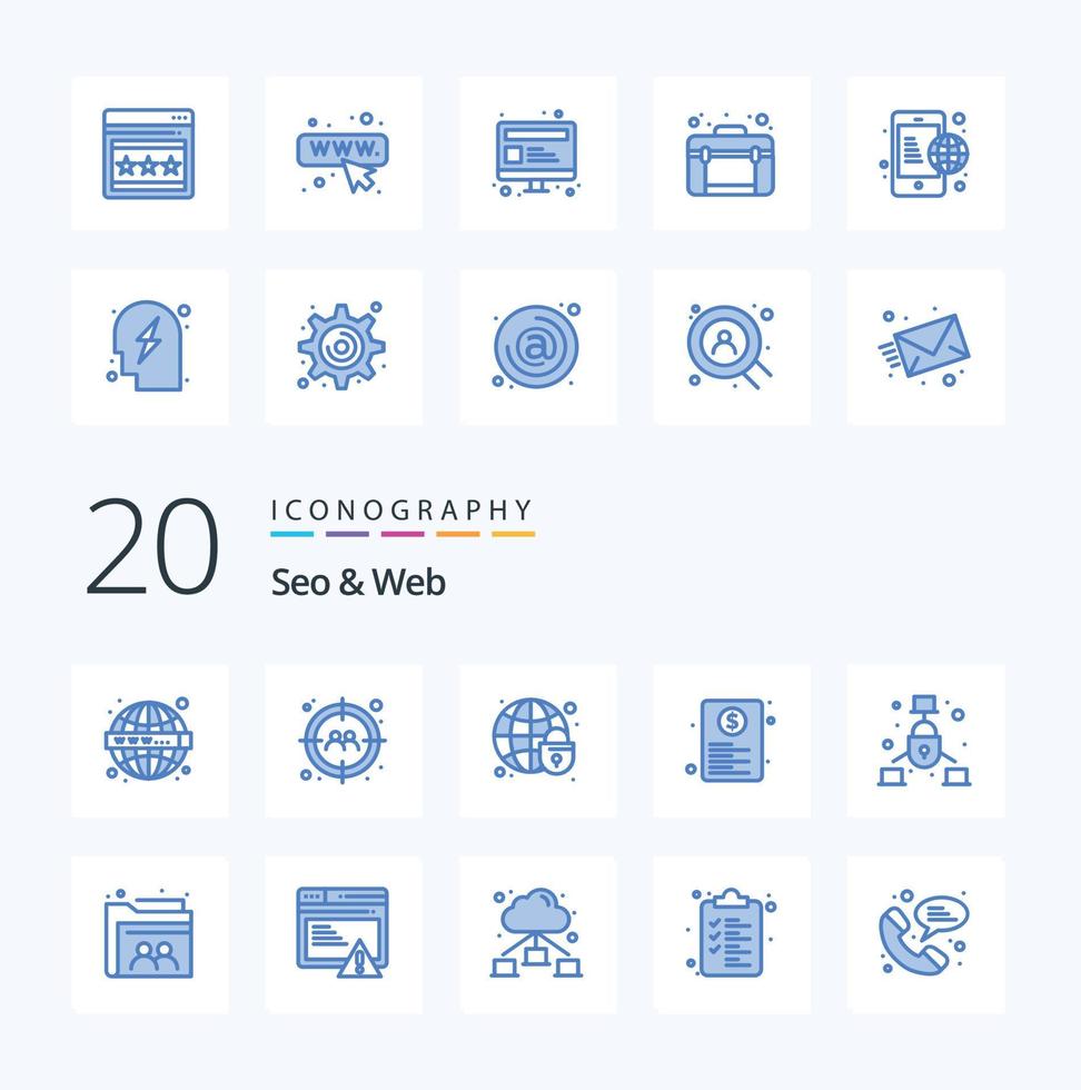 20 seo web blue color icon pack comme papier de communication document de page de sécurité globale vecteur