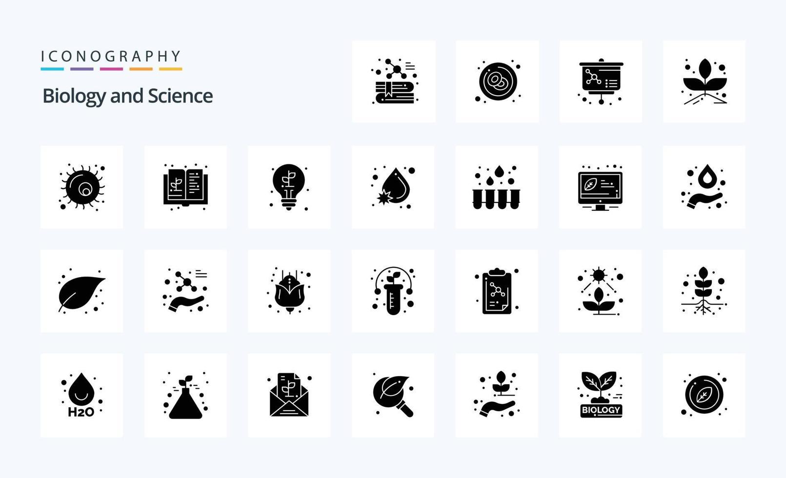 pack d'icônes de 25 glyphes solides de biologie vecteur