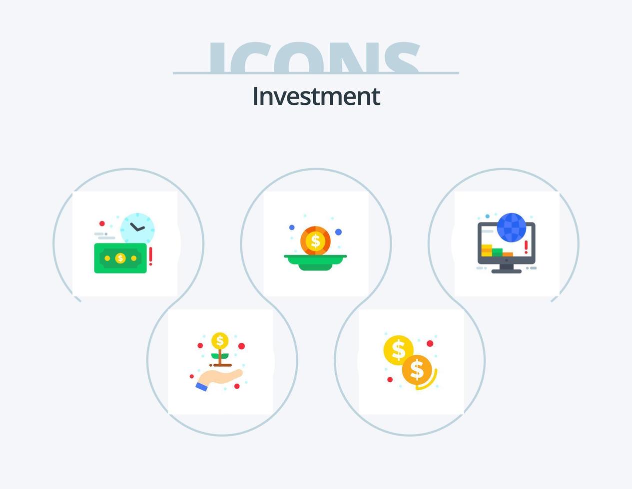 pack d'icônes plates d'investissement 5 conception d'icônes. pièces de monnaie. en ligne. investissement. investissement. argent vecteur
