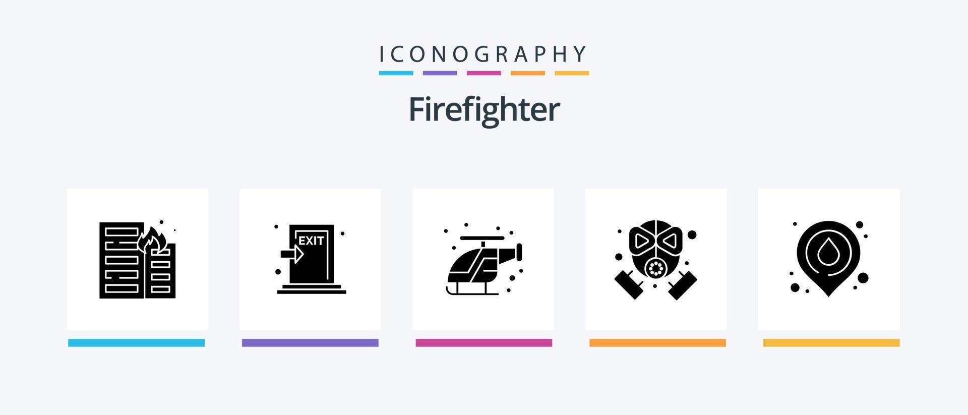 pack d'icônes pompier glyphe 5, y compris la protection. sapeur pompier. feu. feu. hélicoptère. conception d'icônes créatives vecteur