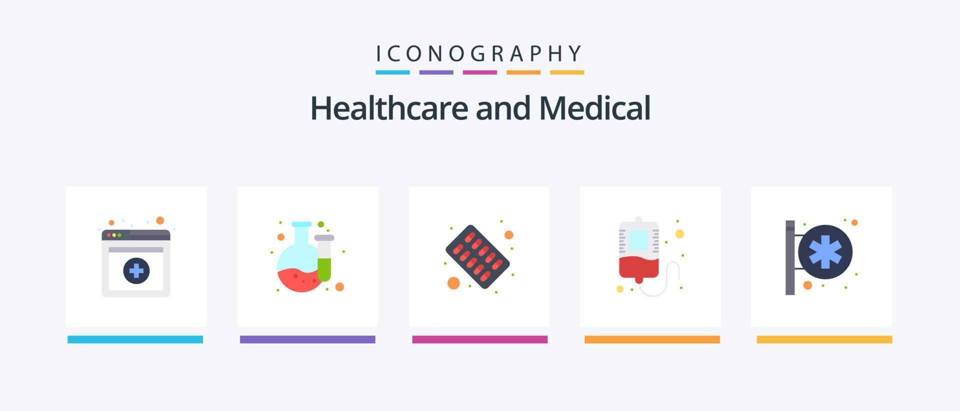 pack d'icônes plat médical 5 comprenant. centre médical. pilules. enseigne de l'hôpital. don. conception d'icônes créatives vecteur