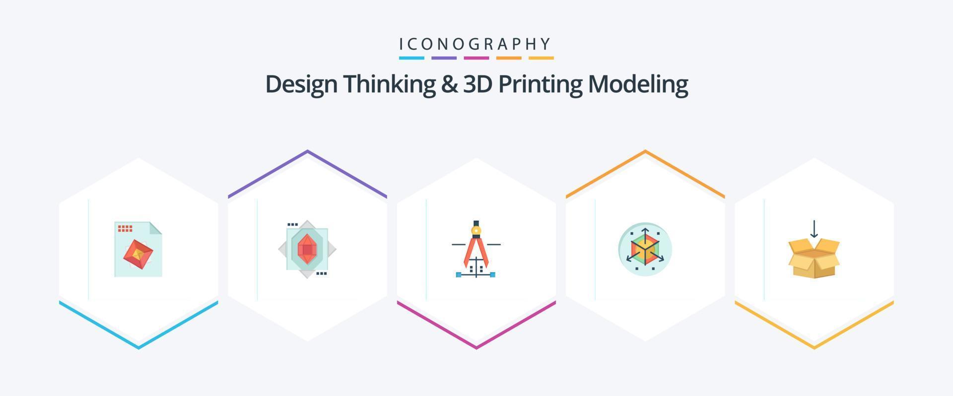 design thinking et d printing modeling 25 pack d'icônes plates, y compris l'éducation. flèche. dessin. boîte. modification vecteur