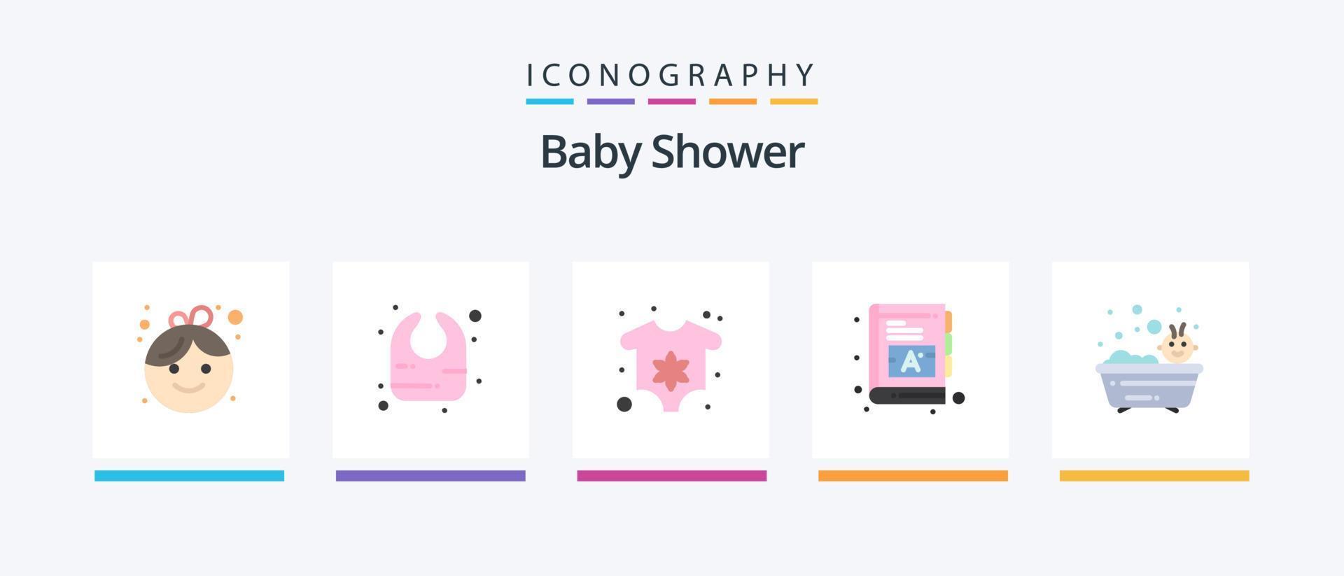 pack d'icônes plat 5 de douche de bébé, y compris la douche. bain. vêtements. bébé. mots. conception d'icônes créatives vecteur