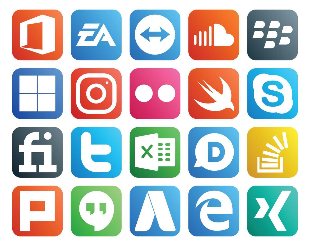 pack de 20 icônes de médias sociaux, y compris tweet fiverr blackberry chat swift vecteur