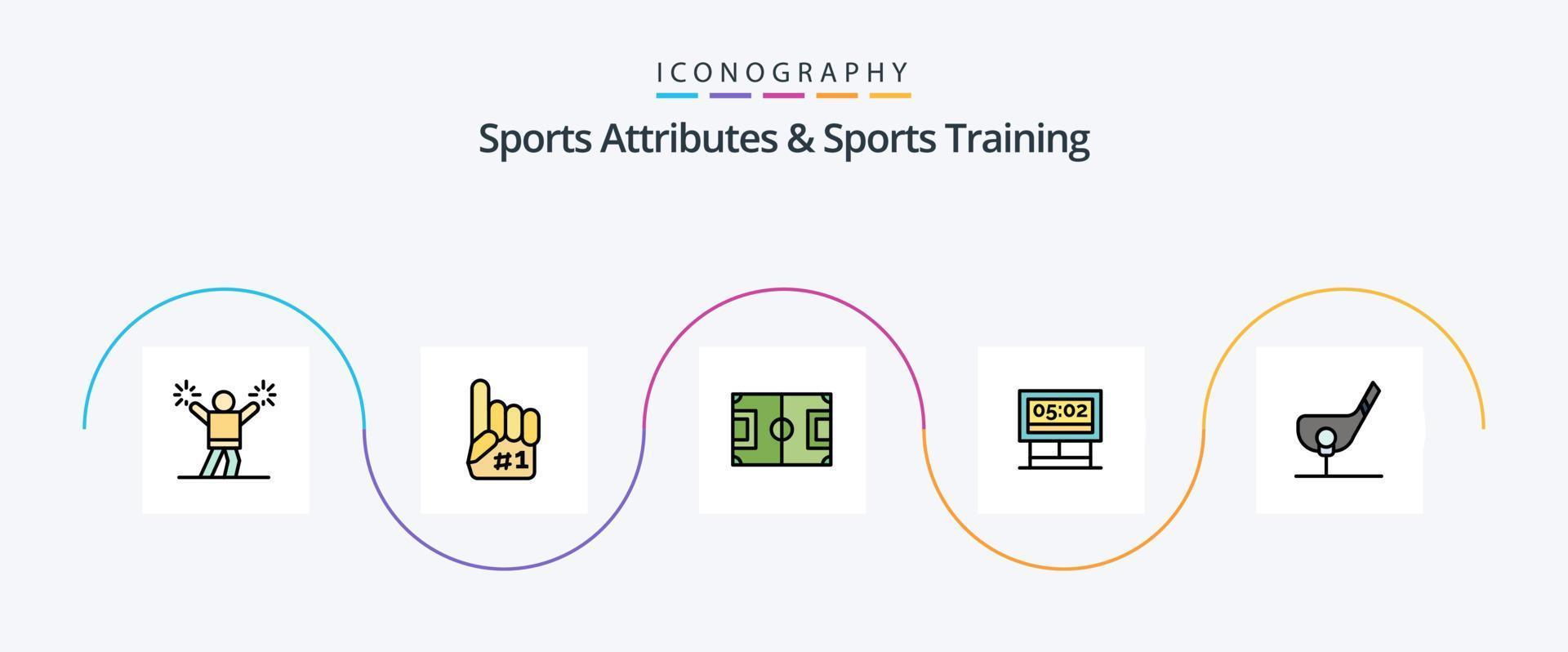 attributs sportifs et ligne d'entraînement sportif remplie de 5 icônes plates, y compris l'objectif. score. champ. jeu. football vecteur