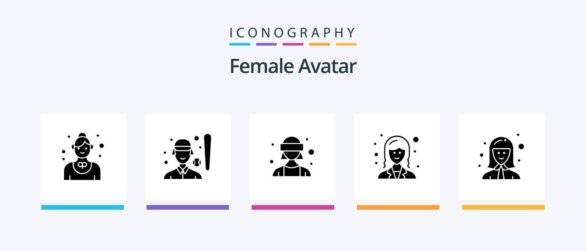 pack d'icônes de glyphe d'avatar féminin 5, y compris dame. employé. joueur. entreprise. réalité virtuelle. conception d'icônes créatives vecteur