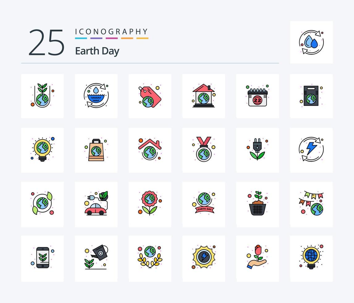 pack d'icônes remplies de lignes du jour de la terre 25, y compris le vert de la terre. domaine. réutilisation. écologique. recycler vecteur