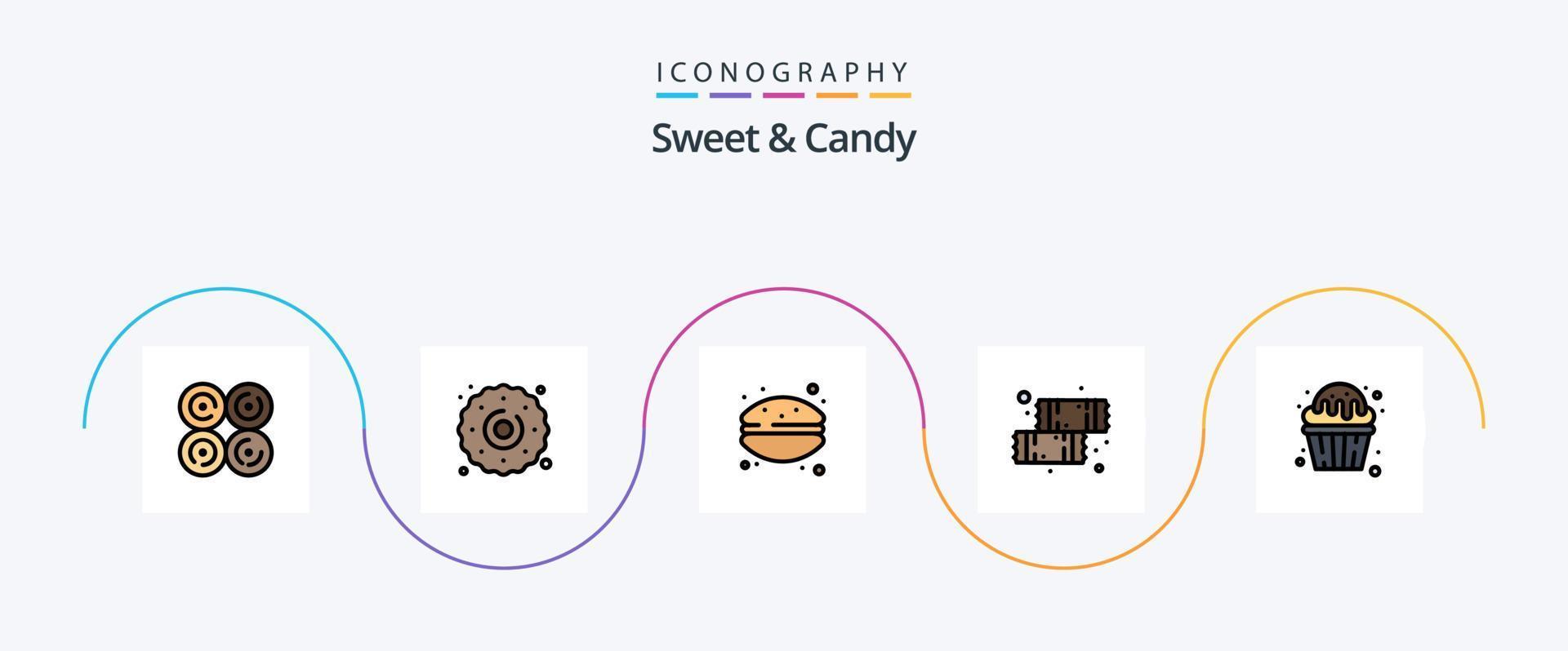 pack d'icônes plat 5 rempli de lignes sucrées et sucrées, y compris le dessert. bonbons. gâteau. nourriture. chocolat vecteur