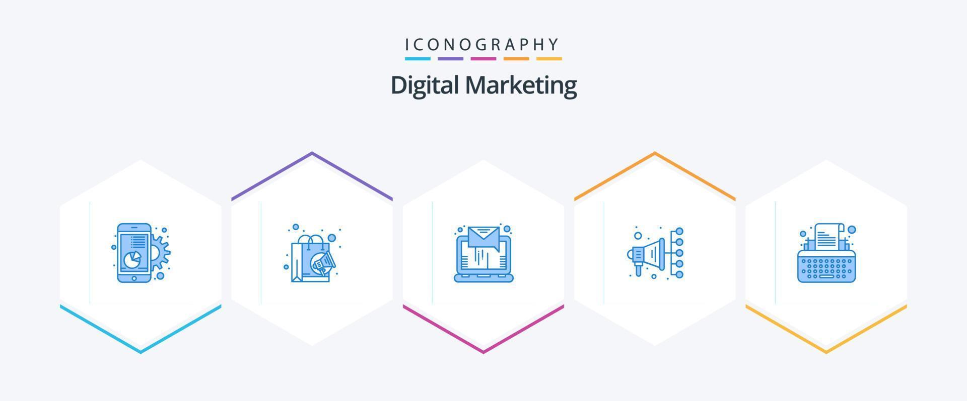 pack d'icônes bleues de marketing numérique 25, y compris le type. le marketing numérique. achats. numérique. Envoi en cours vecteur