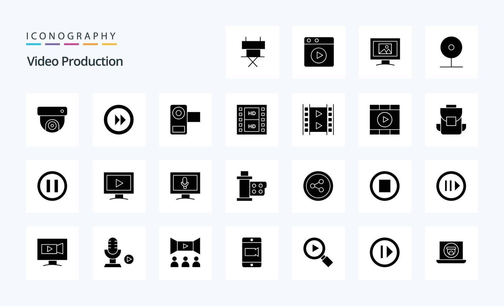 25 pack d'icônes de glyphe solide de production vidéo vecteur