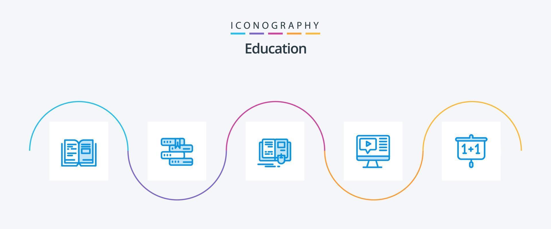 pack d'icônes bleu éducation 5, y compris l'éducation. éducation. livre. vidéo. ordinateur vecteur