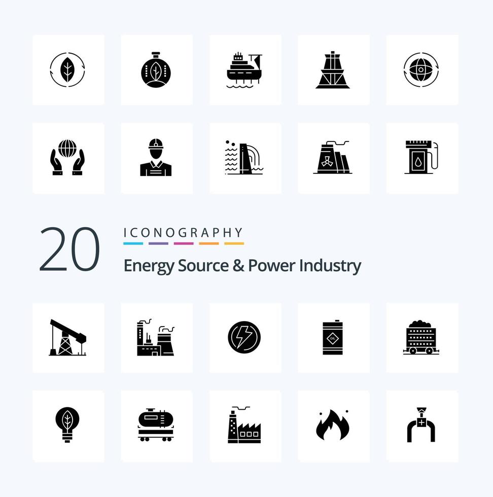 20 pack d'icônes de glyphe solide de source d'énergie et de l'industrie de l'énergie comme la construction d'énergie cargo vert vecteur