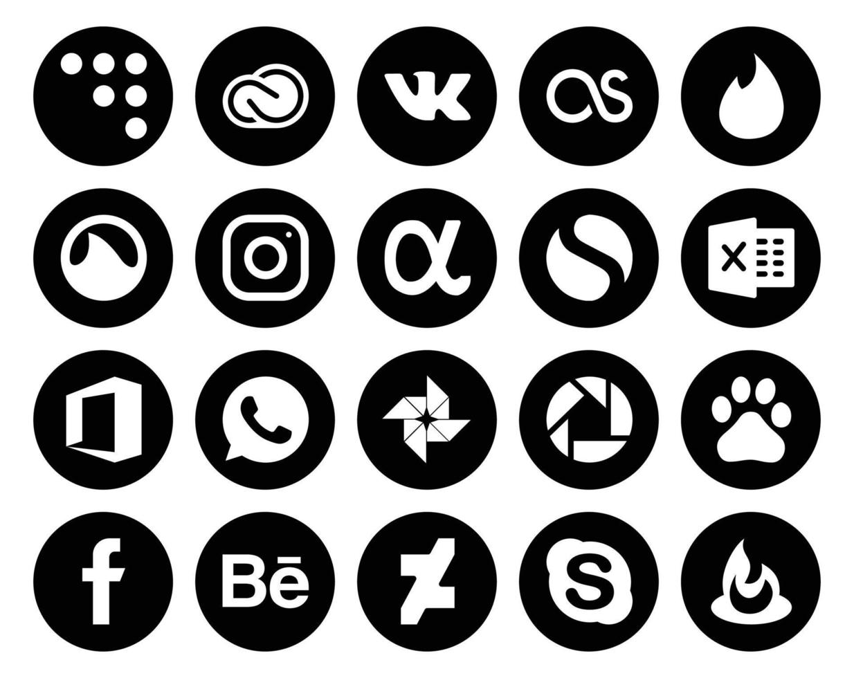 pack de 20 icônes de médias sociaux, y compris facebook picasa instagram photo office vecteur