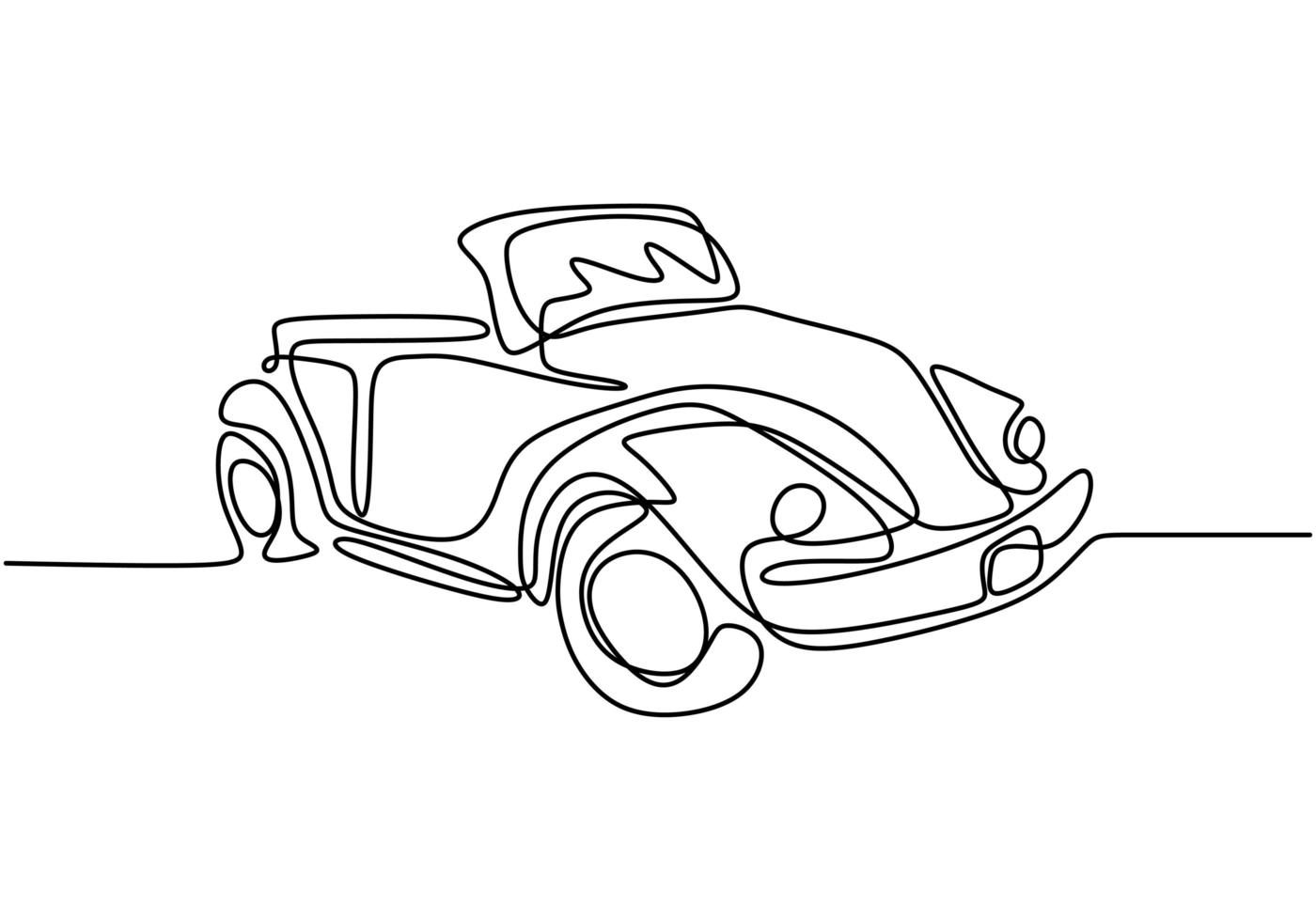 un dessin au trait d'une vieille voiture auto vintage rétro. concept de véhicule de transport classique. voiture de course vintage conduite sur route poussiéreuse. illustration de conception de dessin de ligne continue vecteur