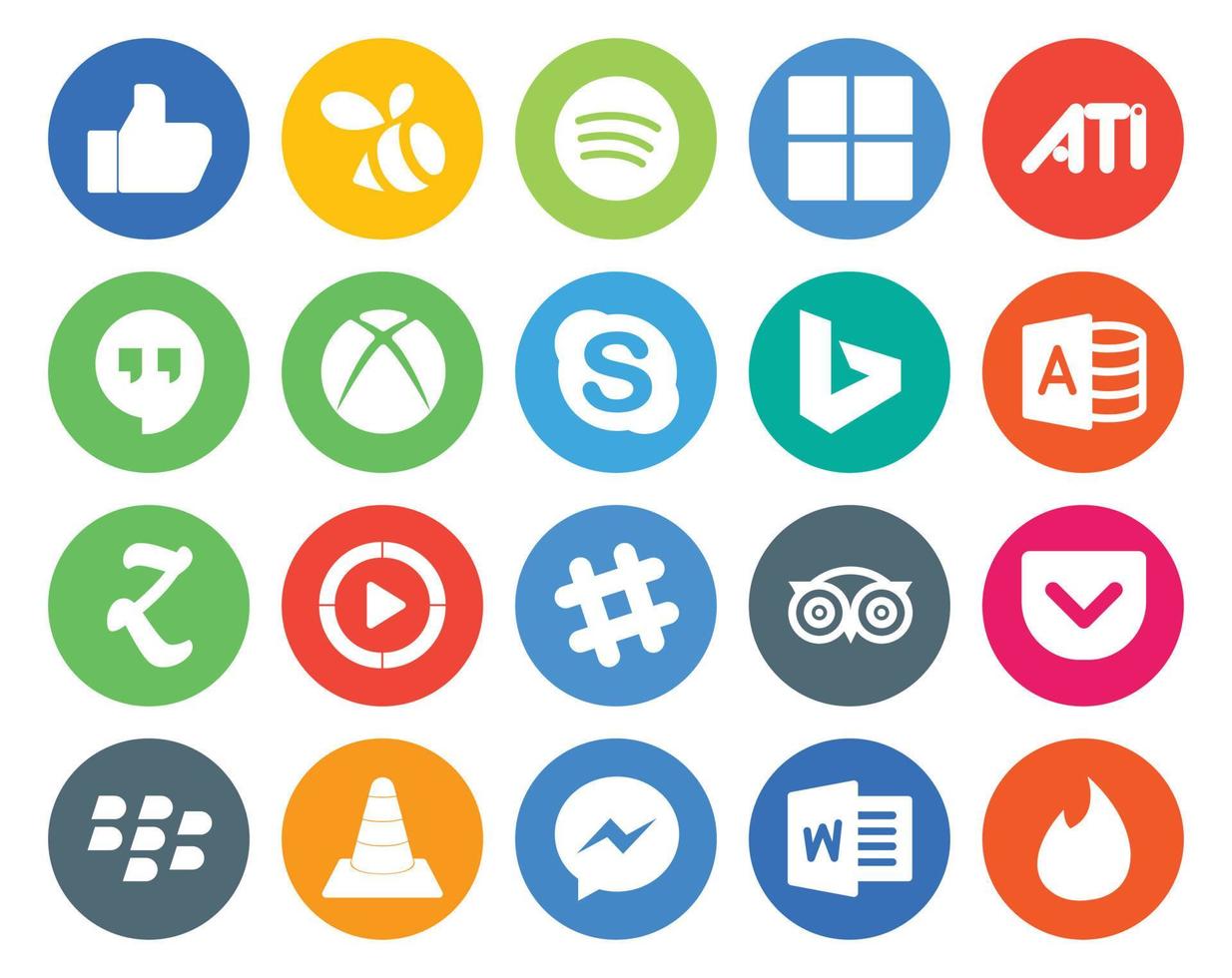 20 pack d'icônes de médias sociaux, y compris le chat de voyage, le lecteur multimédia Windows Slack vecteur