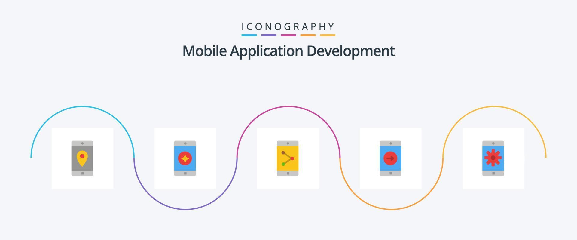 développement d'applications mobiles pack plat 5 d'icônes comprenant une application mobile. application. partage d'application. application mobile. droite vecteur