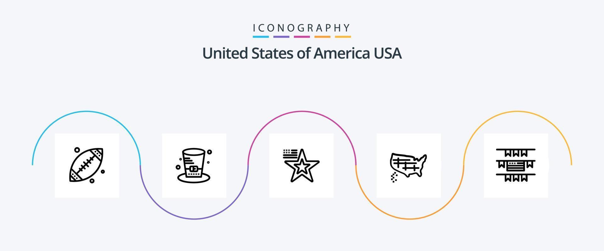 pack d'icônes usa line 5 comprenant la décoration de fête. Etats-Unis. étoile. uni. carte vecteur