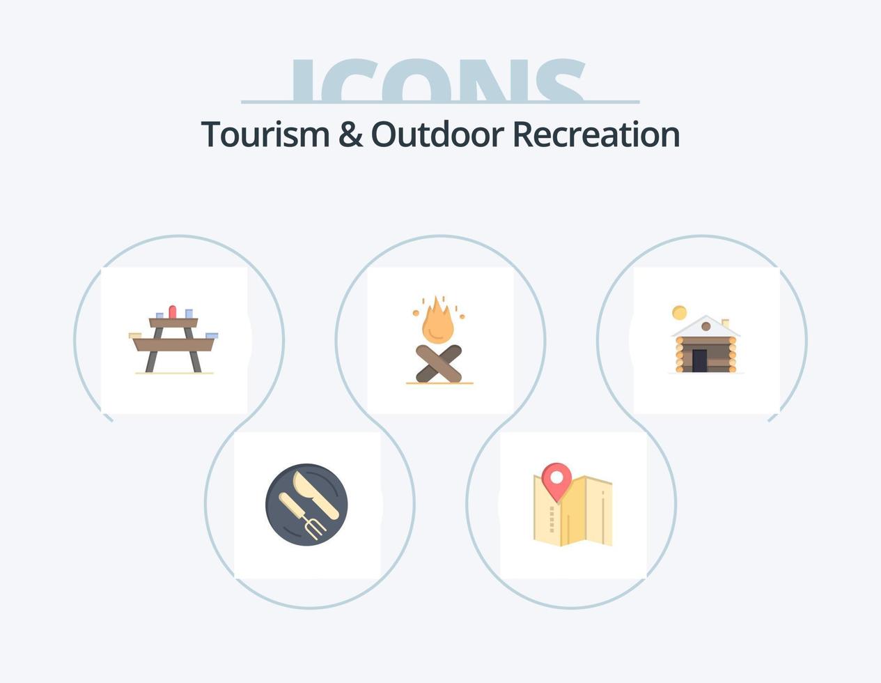 tourisme et loisirs de plein air pack d'icônes plat 5 conception d'icônes. hôtel . camping. banc. feu de camp. pique-nique vecteur