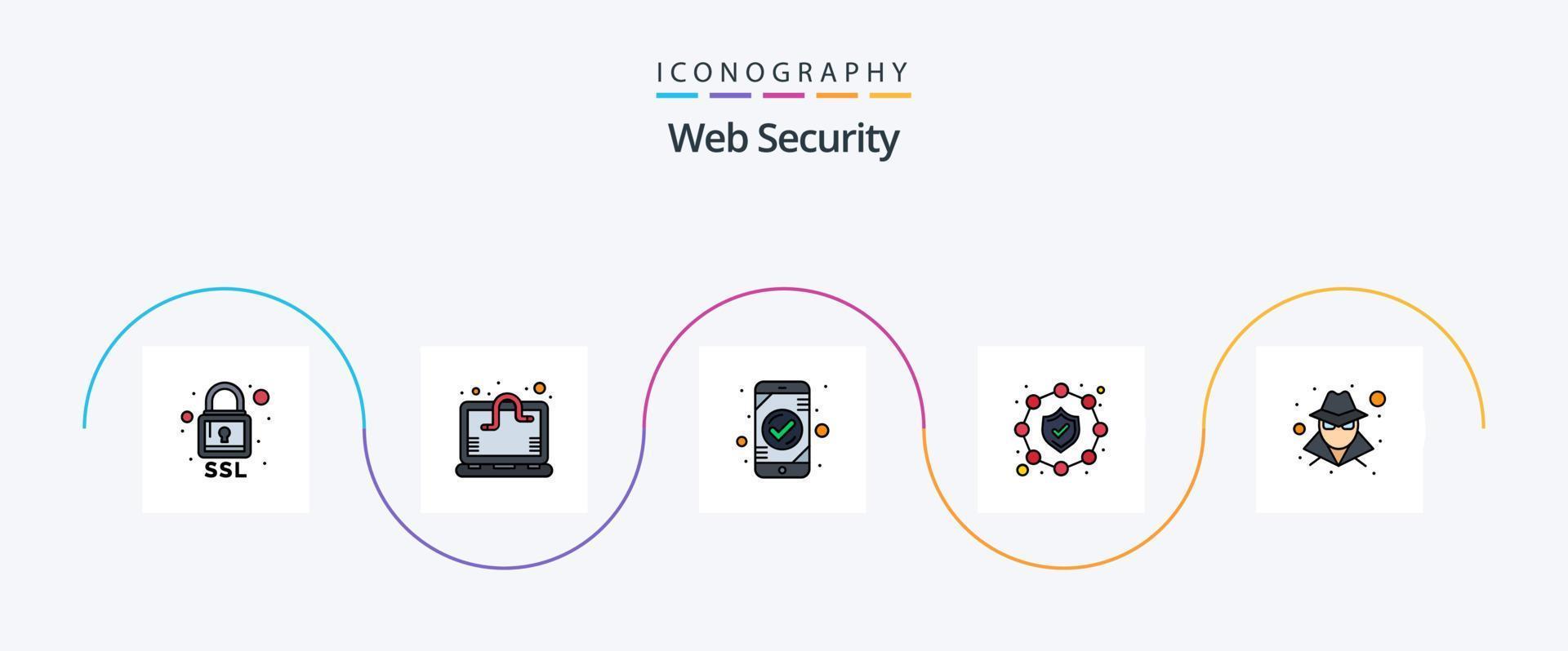 ligne de sécurité Web remplie de pack d'icônes plat 5, y compris le pirate. sécurité. application. protection. d'accord vecteur