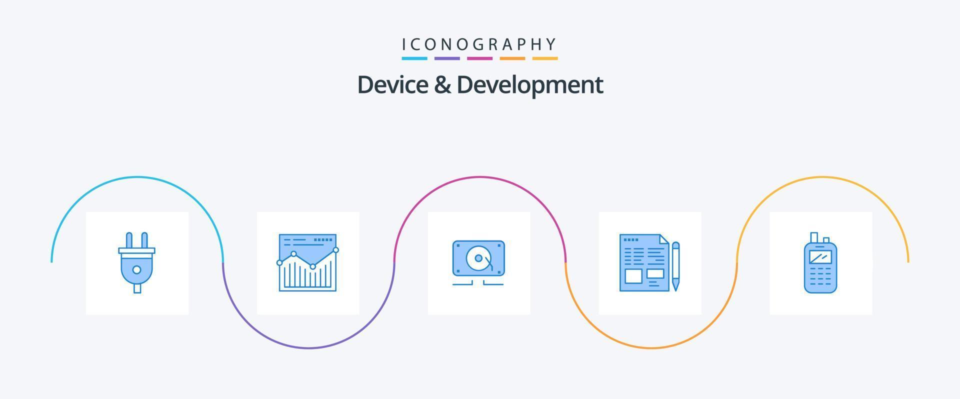 appareil et pack d'icônes bleues de développement 5, y compris la radio. éducation. musique . crayon. déposer vecteur