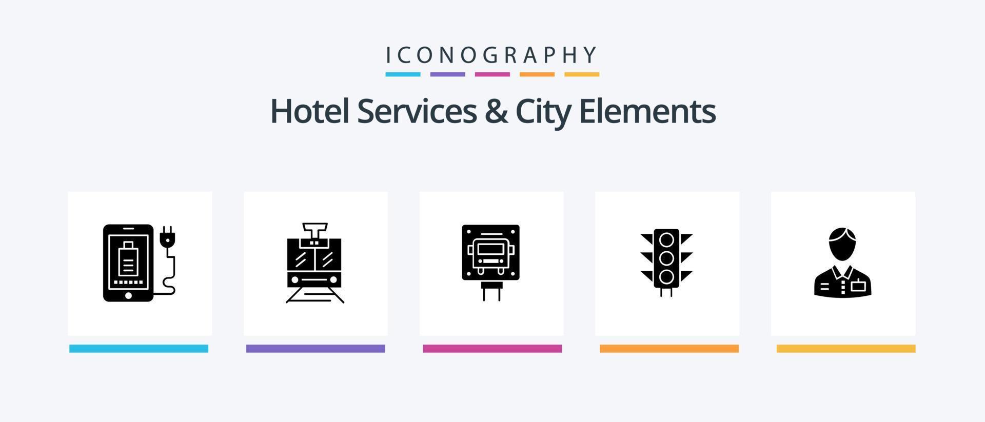 services hôteliers et pack d'icônes glyphe 5 des éléments de la ville, y compris le groom. route. bus. lumière. trafic. conception d'icônes créatives vecteur