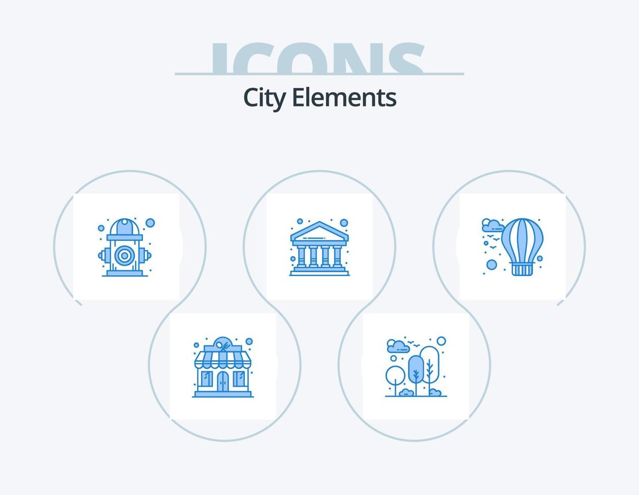 éléments de la ville pack d'icônes bleues 5 conception d'icônes. bâtiment. ville. arbre. banque. vie vecteur