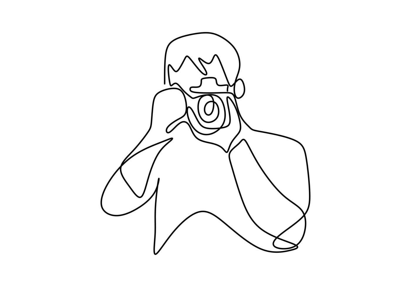 homme photographe avec un appareil photo prend des photos à l'extérieur. dessin au trait continu d'un contour noir d'un journaliste ou photographe au travail. pour l'animation. vecteur monochrome, dessin de lignes.