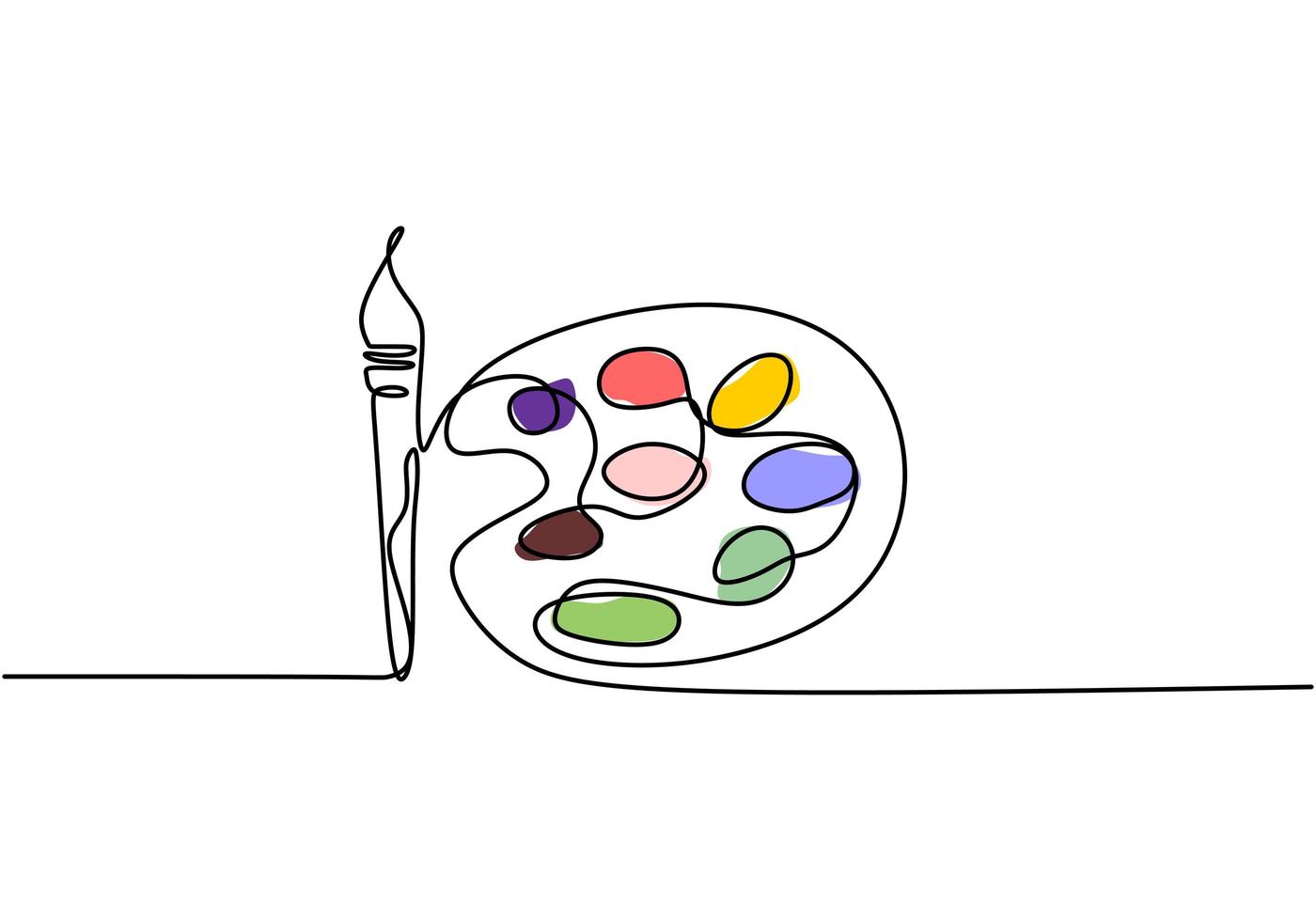 palette avec peintures et pinceaux, dessin continu sur une ligne. illustration vectorielle design minimaliste. vecteur