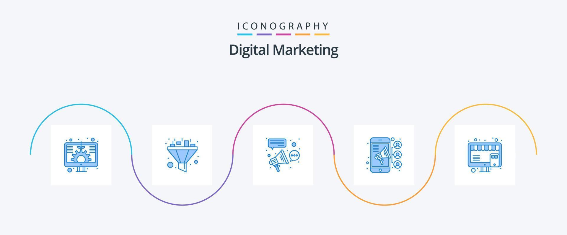 pack d'icônes bleu marketing numérique 5, y compris en ligne. contact. affilier. travail en équipe. connexion vecteur