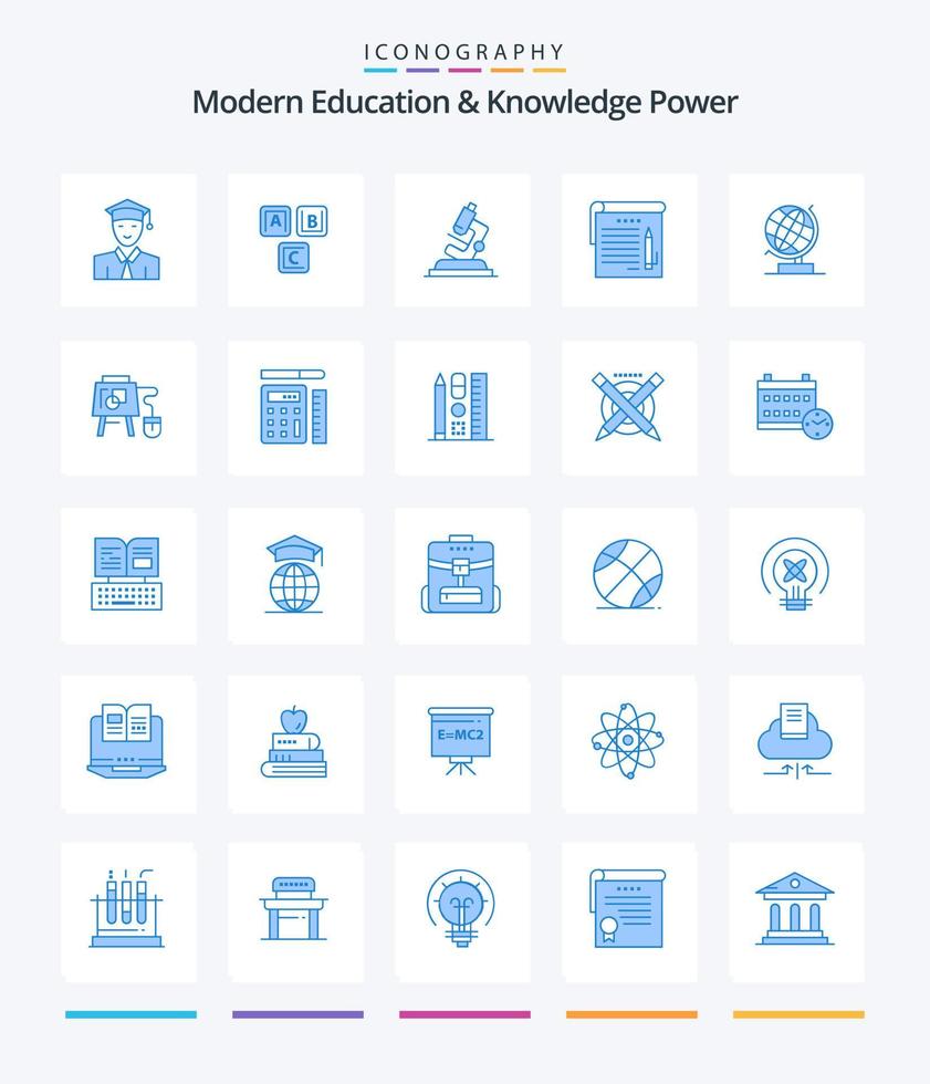 éducation moderne créative et puissance de la connaissance 25 pack d'icônes bleues telles que le monde. note. connaissance. Remarques . Zoom vecteur
