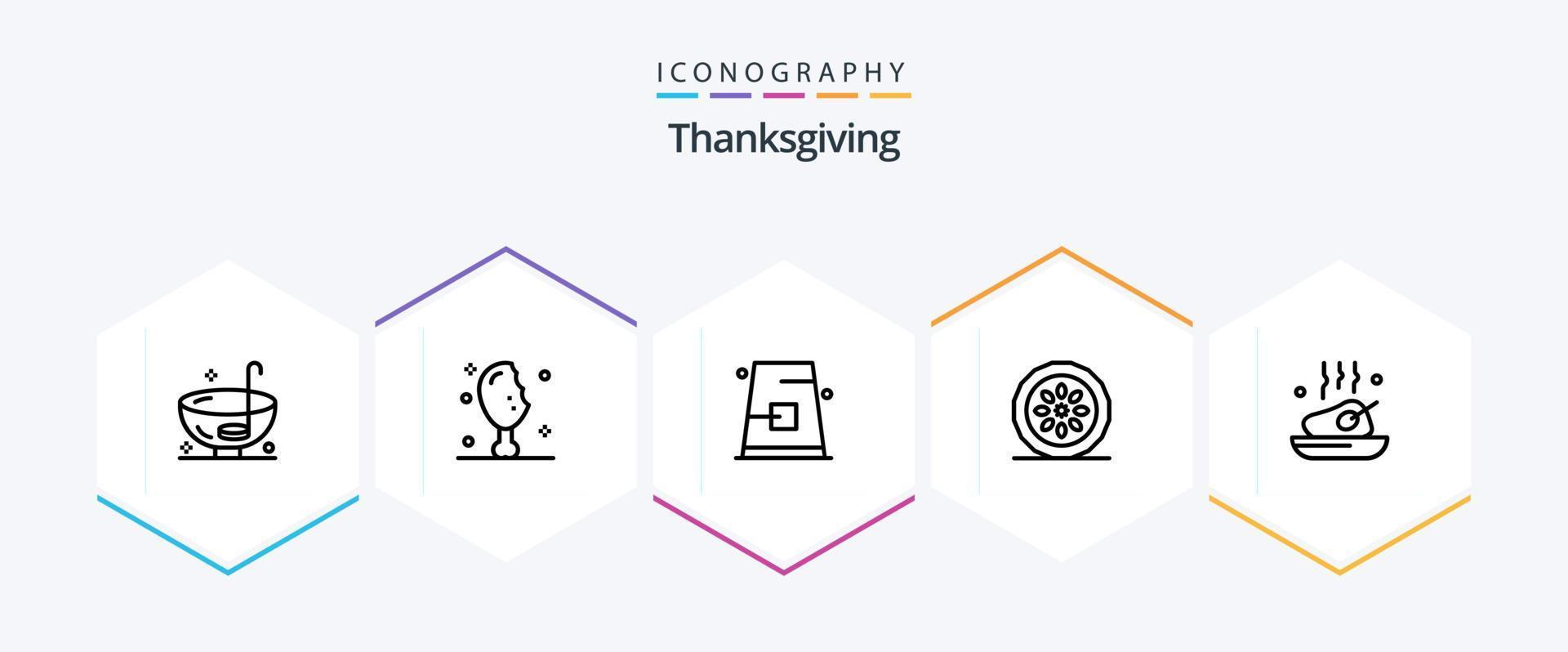 pack d'icônes de 25 lignes de thanksgiving, y compris la cuisine. dîner. jambe de dinde. gâteau. automne vecteur