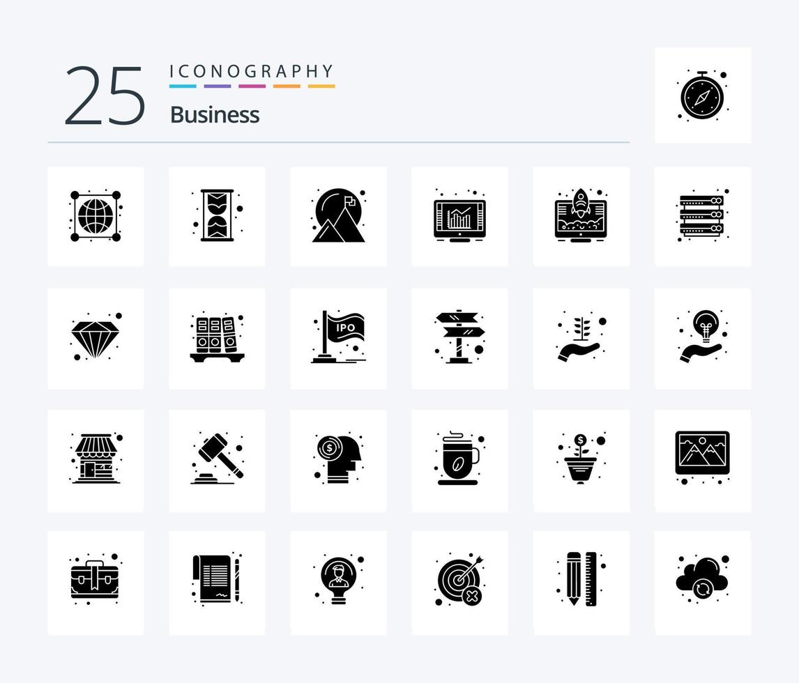 pack d'icônes de glyphe solide de 25 entreprises, y compris le démarrage. entrepreneur. réalisation. rapport. graphique vecteur