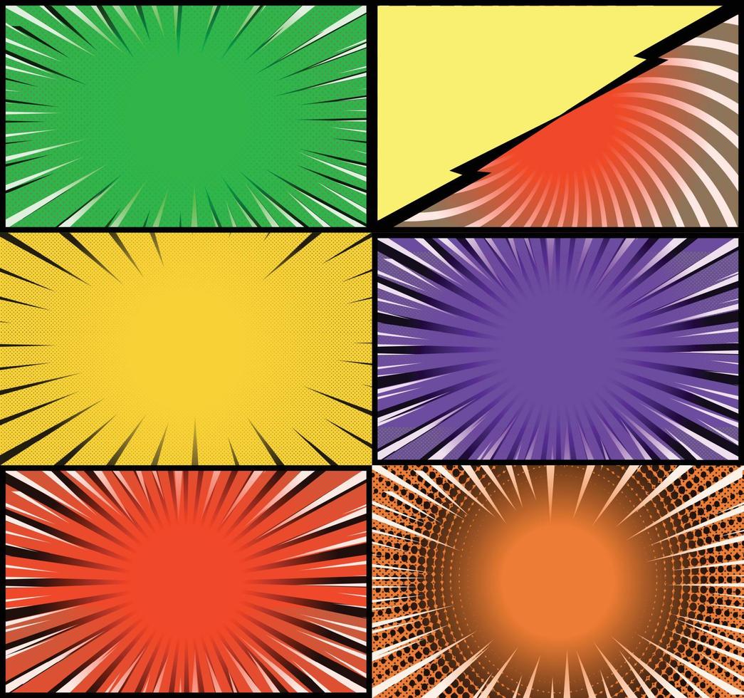 fond de cadres colorés de bande dessinée avec des rayons de demi-teintes effets radiaux et pointillés style pop art vecteur