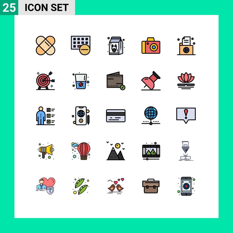 interface mobile ligne remplie couleur plate ensemble de 25 pictogrammes de dossier document alimentaire studio caméra éléments de conception vectoriels modifiables vecteur