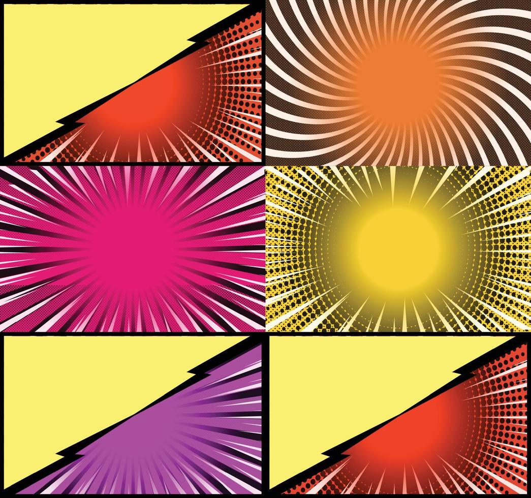 fond de cadres colorés de bande dessinée avec des rayons de demi-teintes effets radiaux et pointillés style pop art vecteur