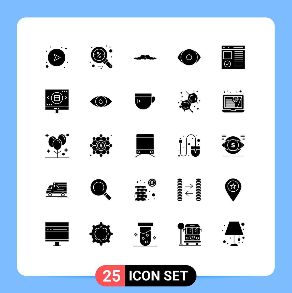 pack de lignes vectorielles modifiables de 25 glyphes solides simples de navigateur moustache humaine visage hommes éléments de conception vectoriels modifiables vecteur