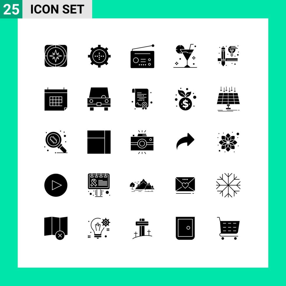 groupe de 25 glyphes solides modernes définis pour les éléments de conception vectoriels modifiables de la technologie des boissons de la technologie des cocktails en verre vecteur