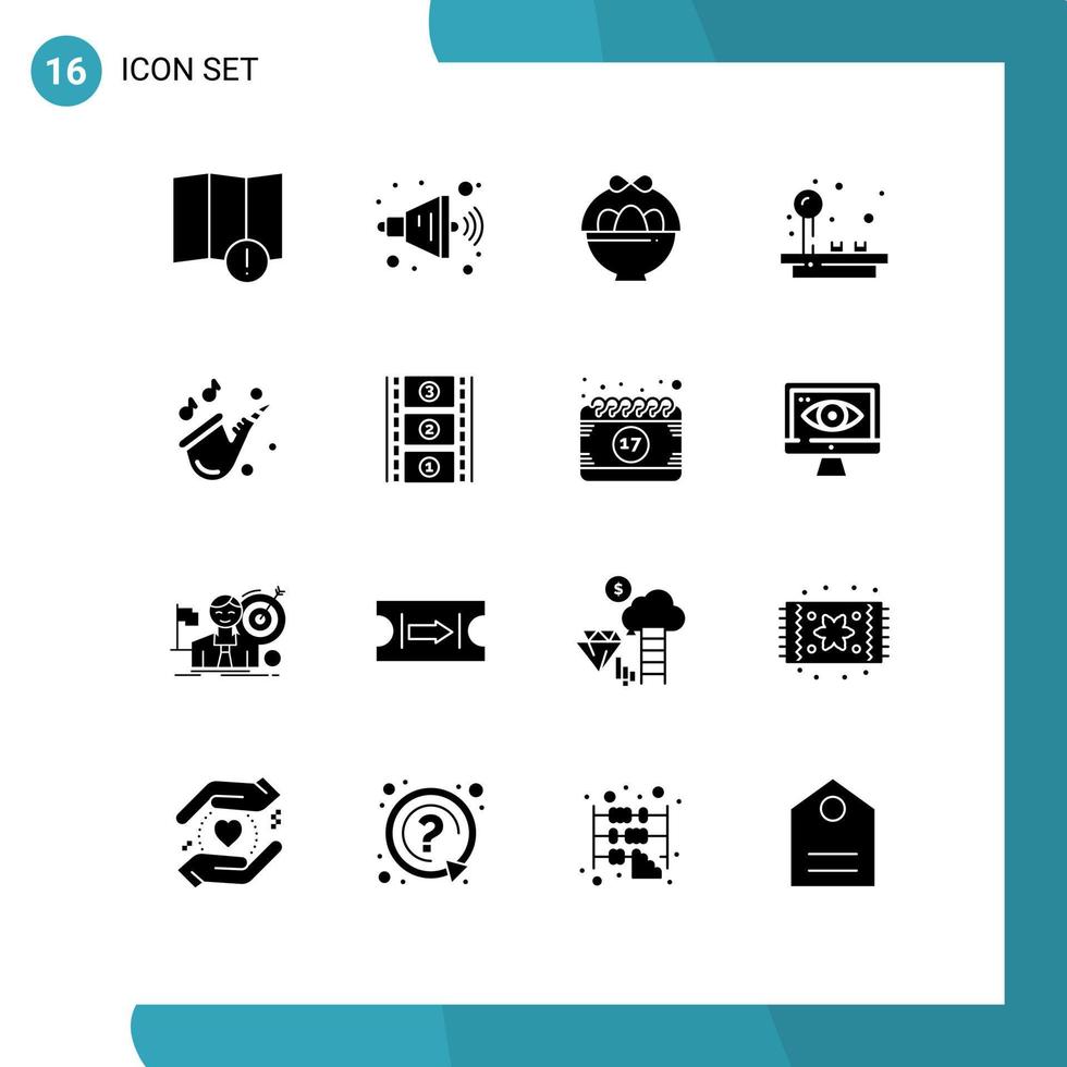 16 interface utilisateur pack de glyphes solides de signes et symboles modernes de bobine de film jouer de la musique de pâques jouer des éléments de conception vectoriels modifiables vecteur