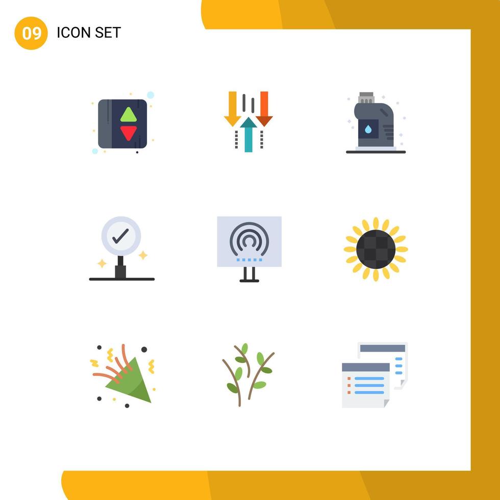 interface mobile couleur plate ensemble de 9 pictogrammes d'éléments de conception vectoriels modifiables de recherche de nettoyeur de bureau radio vecteur